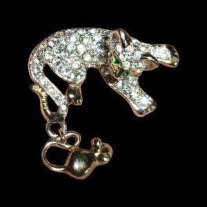 Vintage Rhinestone Covered  Cat with Dangling Mouse Pin Brooch